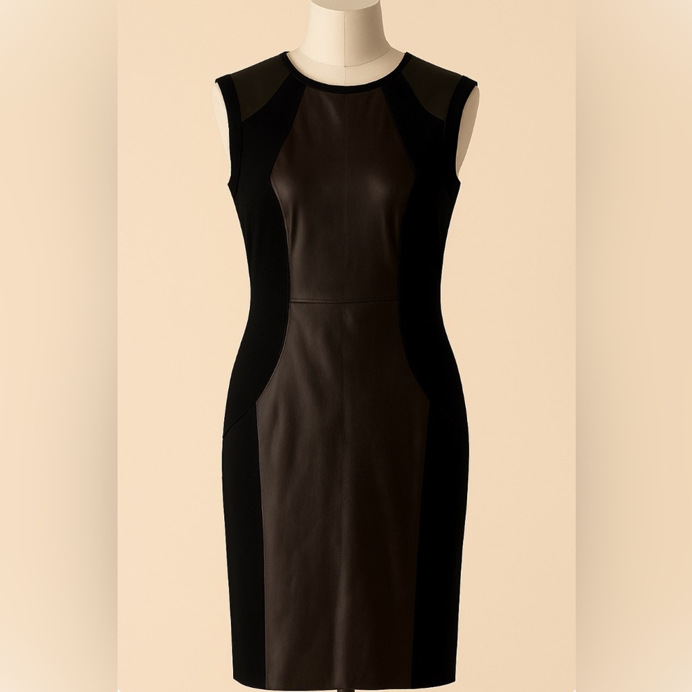 Marc Cain Black Sleeveless Faux Leather Sheath Dress with Knit Panels
